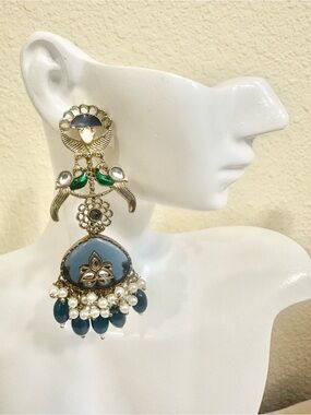 Gold-Plated Blue Kundan Drop Earrings with Pearl Fringe
